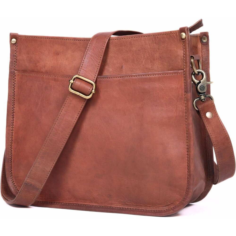 Genuine Leather Crossbody Purse Women Rustic Tan Medium Sized Bag with Zipper